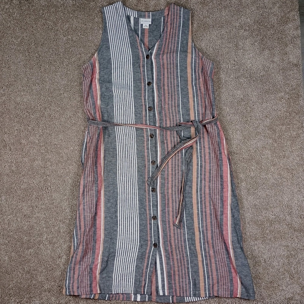 Liz Clairborne Grey Stripe Button Shirt Dress Sleeveless Belt  Linen Cotton Xl